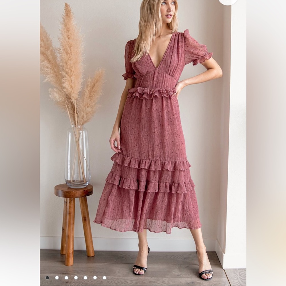 Lulu’s Know Your Heart Rose Pink Polka Dot Ruffled Midi Dress